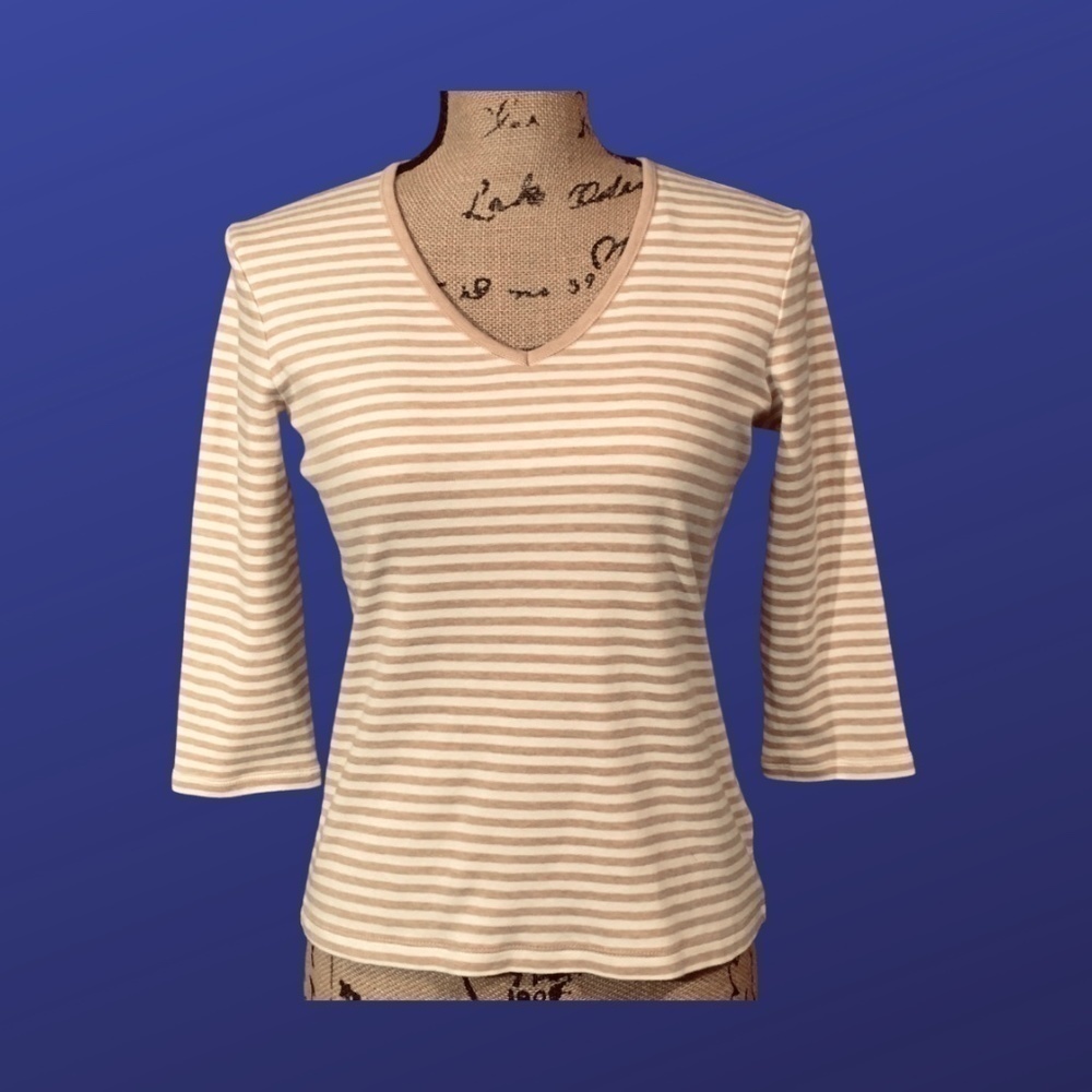 LIZ CLAIBORNE 100% Cotton Top, 3/4 Sleeve, TAN/CREAM STRIPE, Size PS, NWOT